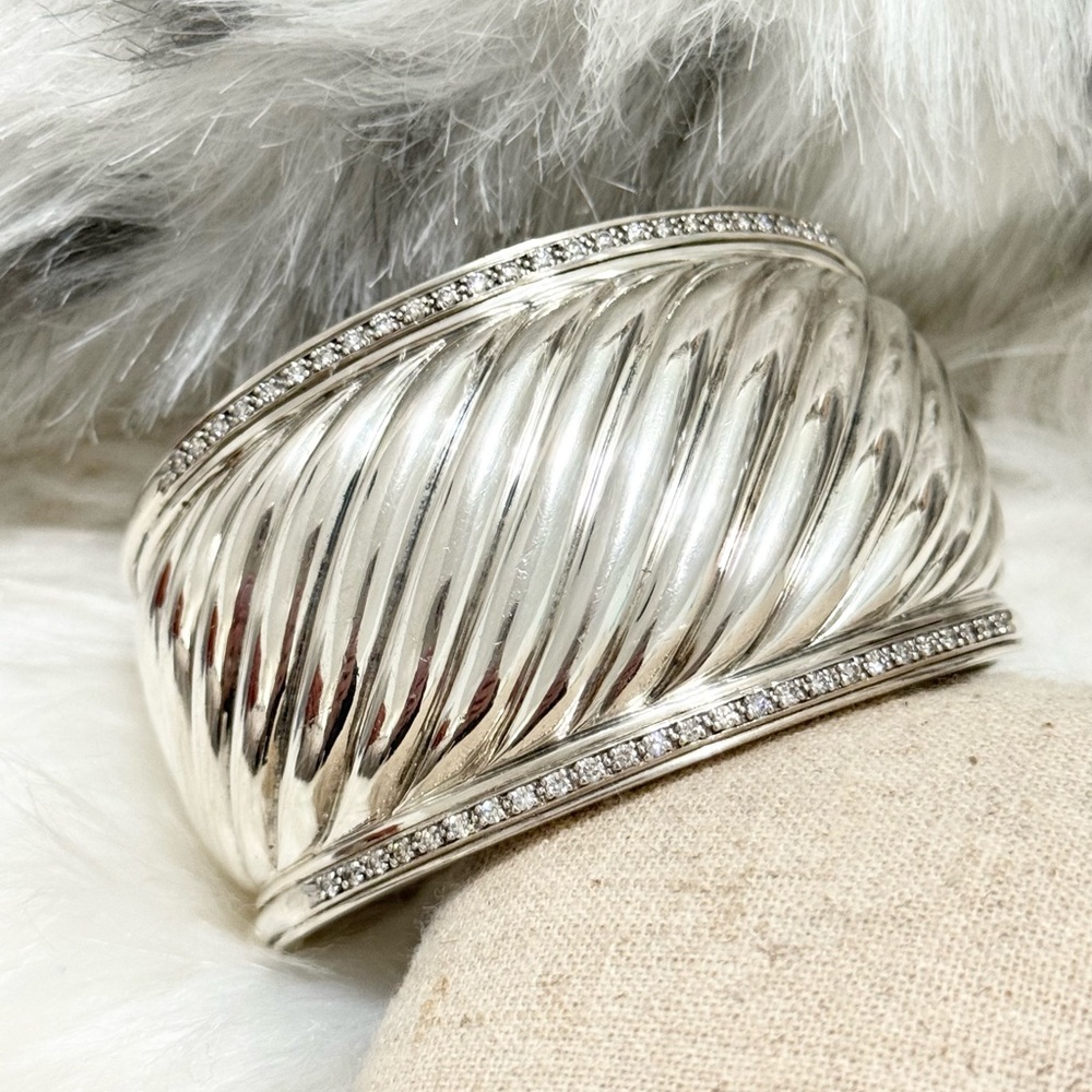 David Yurman Thoroughbred Wide Diamond Cable Cuff Bracelet .925 - Picture 2 of 14